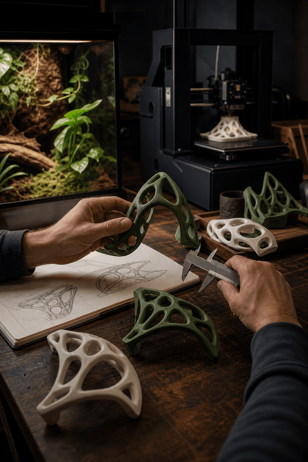 A maker compares 3D-printed climbing prototypes beside a working printer