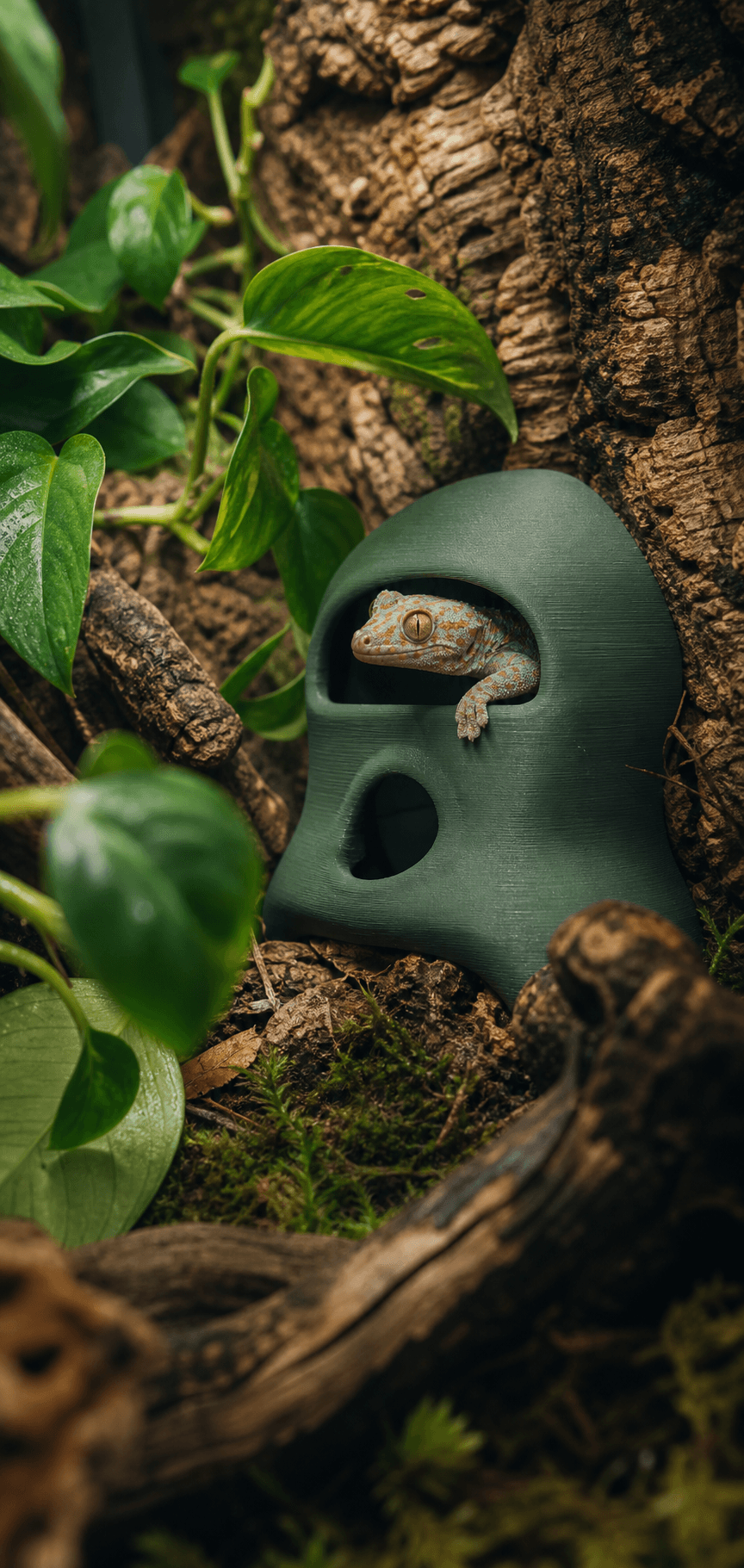 A gecko naturally tests a 3D-printed hide inside a planted habitat
