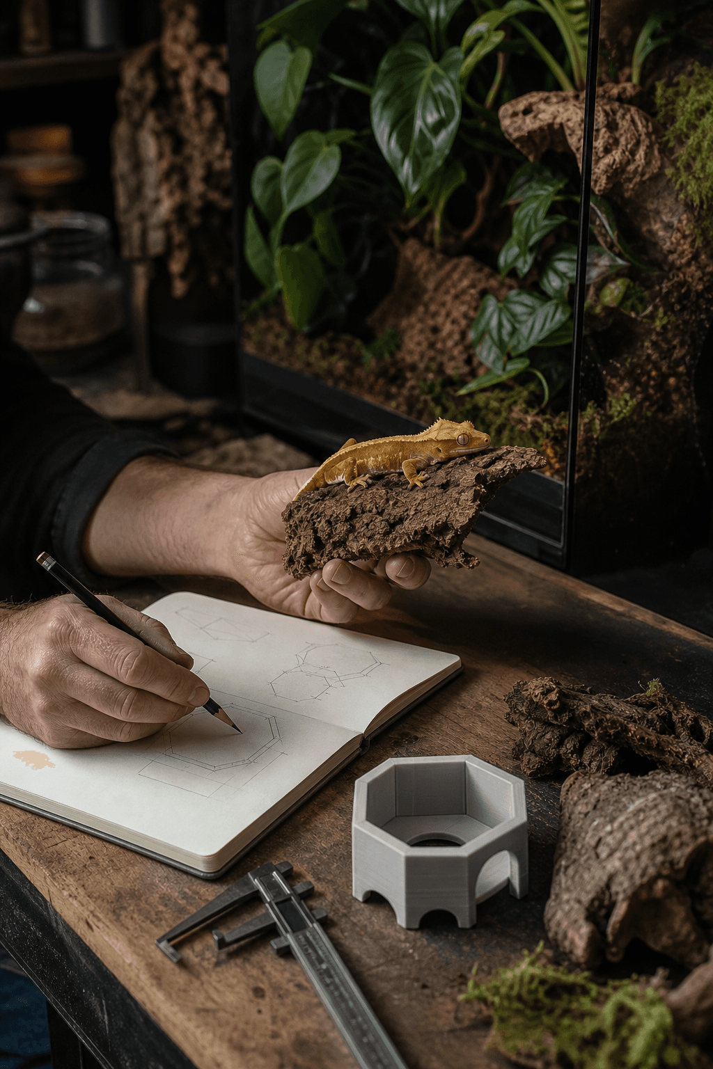 A keeper observes a crested gecko while sketching a habitat accessory
