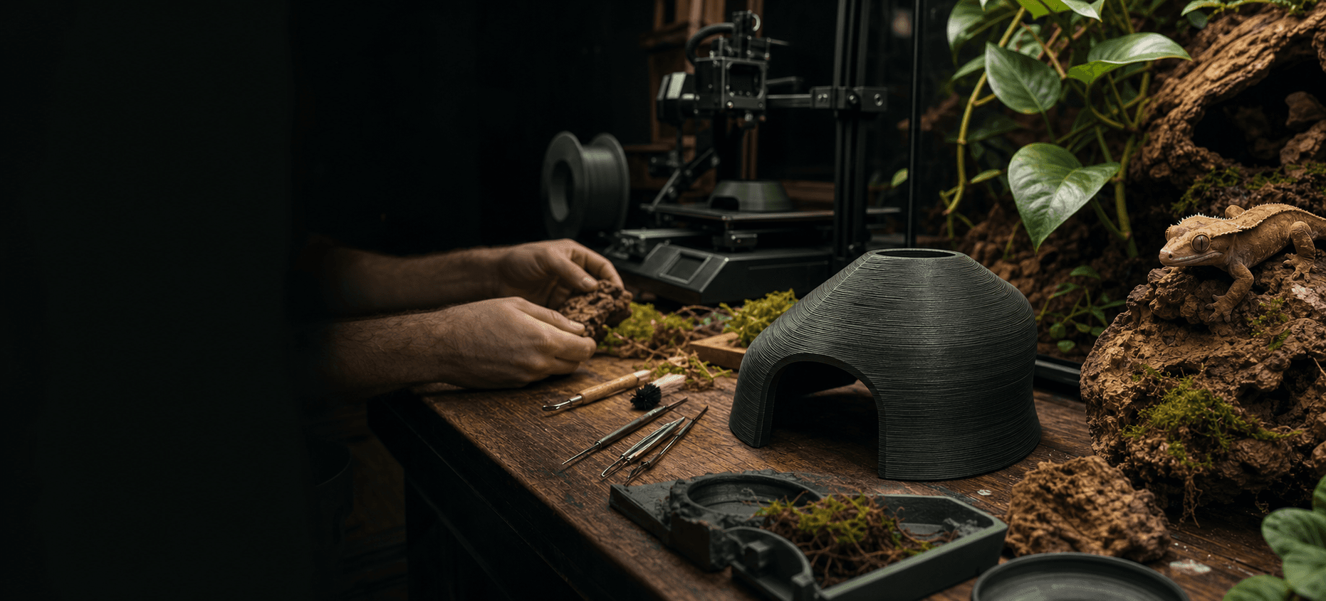 A keeper finishing a 3D-printed hide beside a planted crested gecko habitat